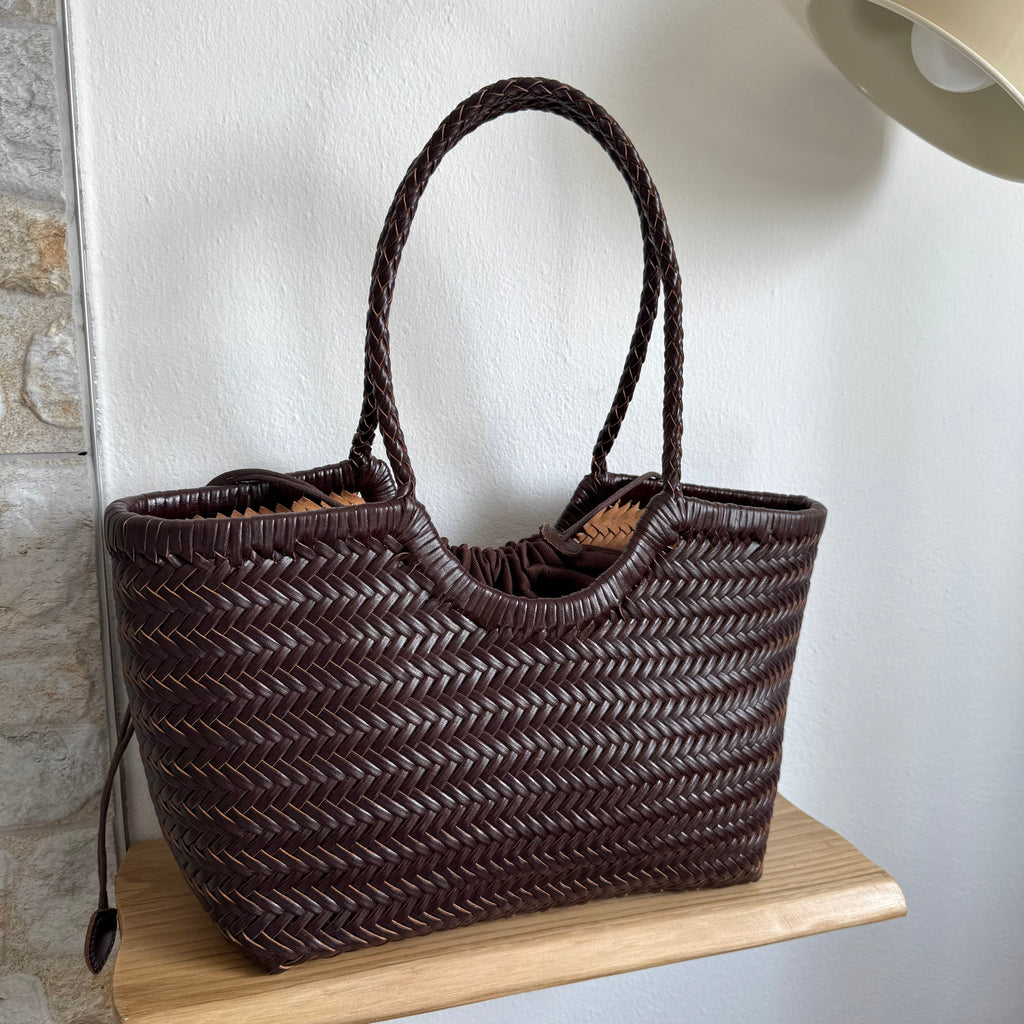 Carmel - Genuine Leather U Shape Handwoven Tote Bag Coffee