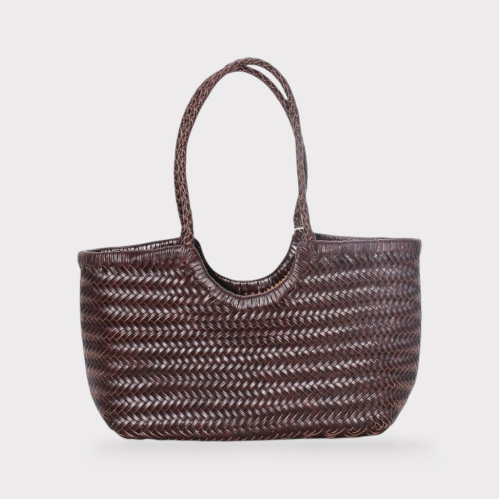 Carmel - Genuine Leather U Shape Handwoven Tote Bag Coffee